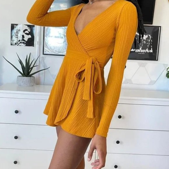 Urban Outfitters Dresses & Skirts - Urban Outfitters Mustard Ribbed Playsuit Wrap Romper | Large
